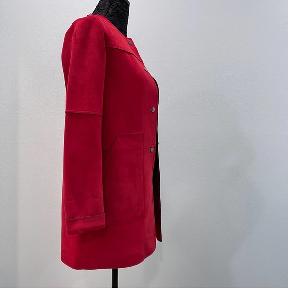 Red Faux Suede Stretch Snap Close Coat Collarless Jacket Pockets Travel - Picture 11 of 16